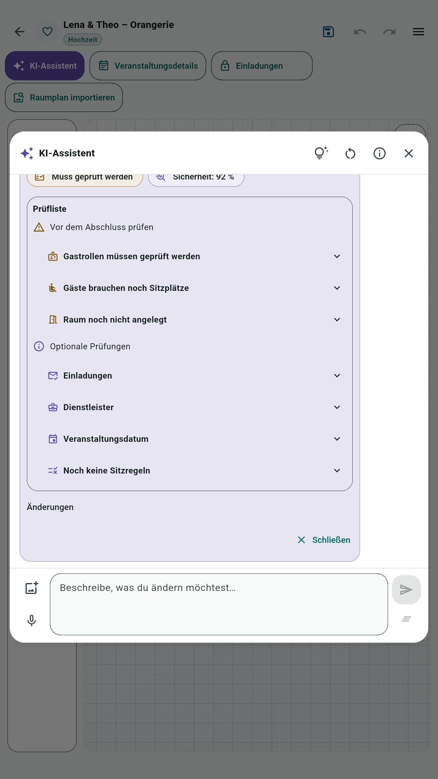 Prüfliste im KI-Assistenten mit noch zu prüfenden Gastrollen, noch nicht platzierten Gästen und einem noch nicht angelegten Raum. Optionale Punkte: Einladungen, Dienstleister, Veranstaltungsdatum und Sitzregeln.