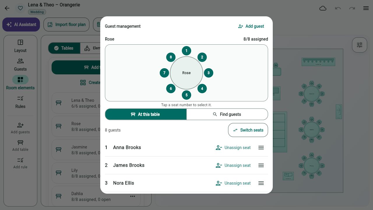 Rose table seat diagram with eight assigned guests and a list of seat numbers and names.