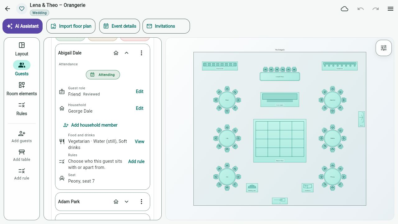 Guest details showing household, attendance, seat, meal and drink preferences.