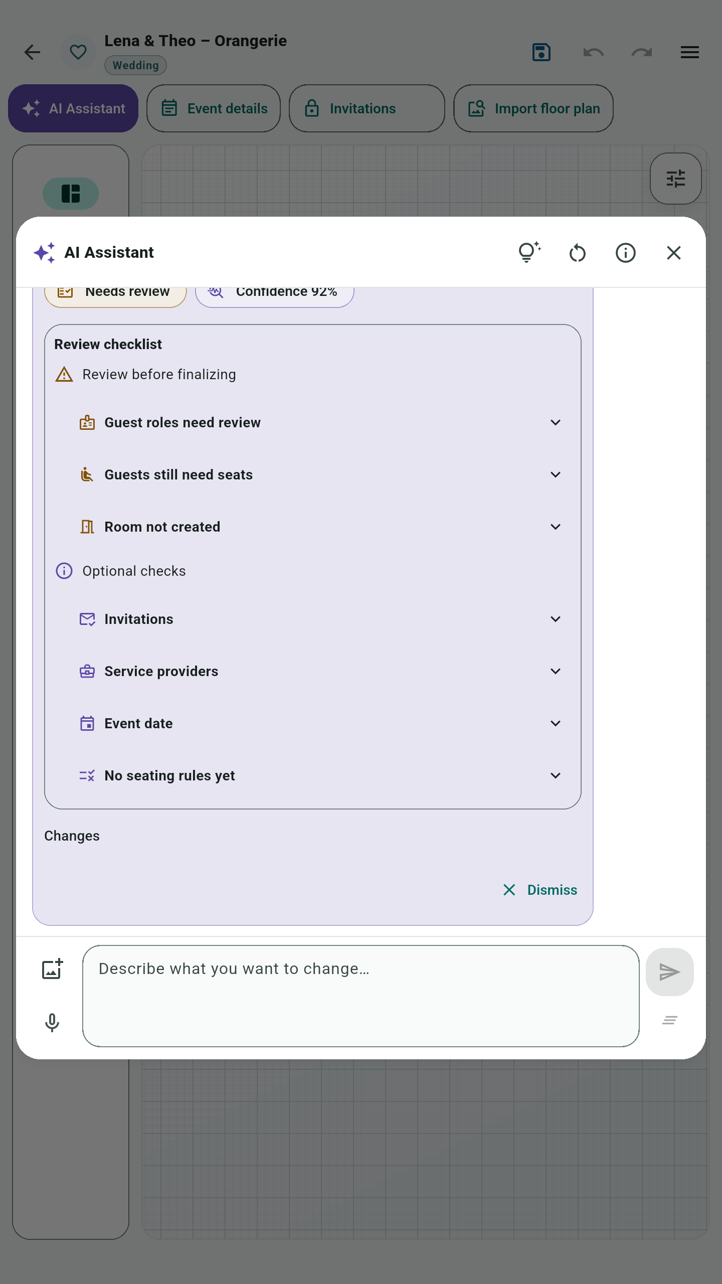 AI Assistant checklist: guest roles to review, guests without assigned seats and a room still to create. Optional checks cover invitations, service providers, the event date and seating rules.