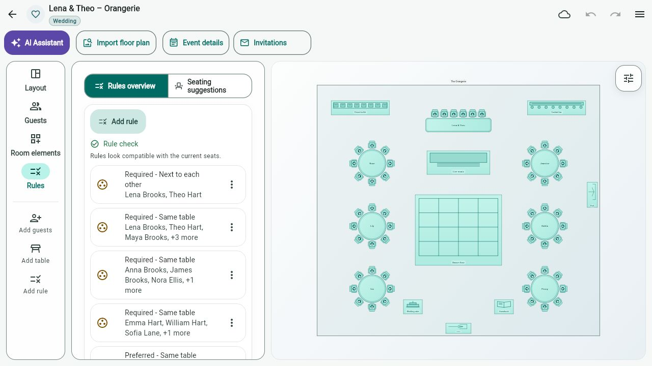 Seating rules for guests together, nearby or at different tables, with a successful rule check.