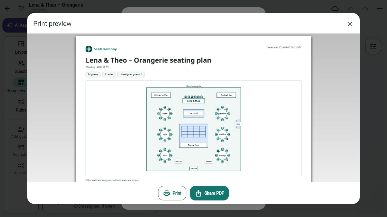 PDF preview of the wedding seating plan with print and share controls.
