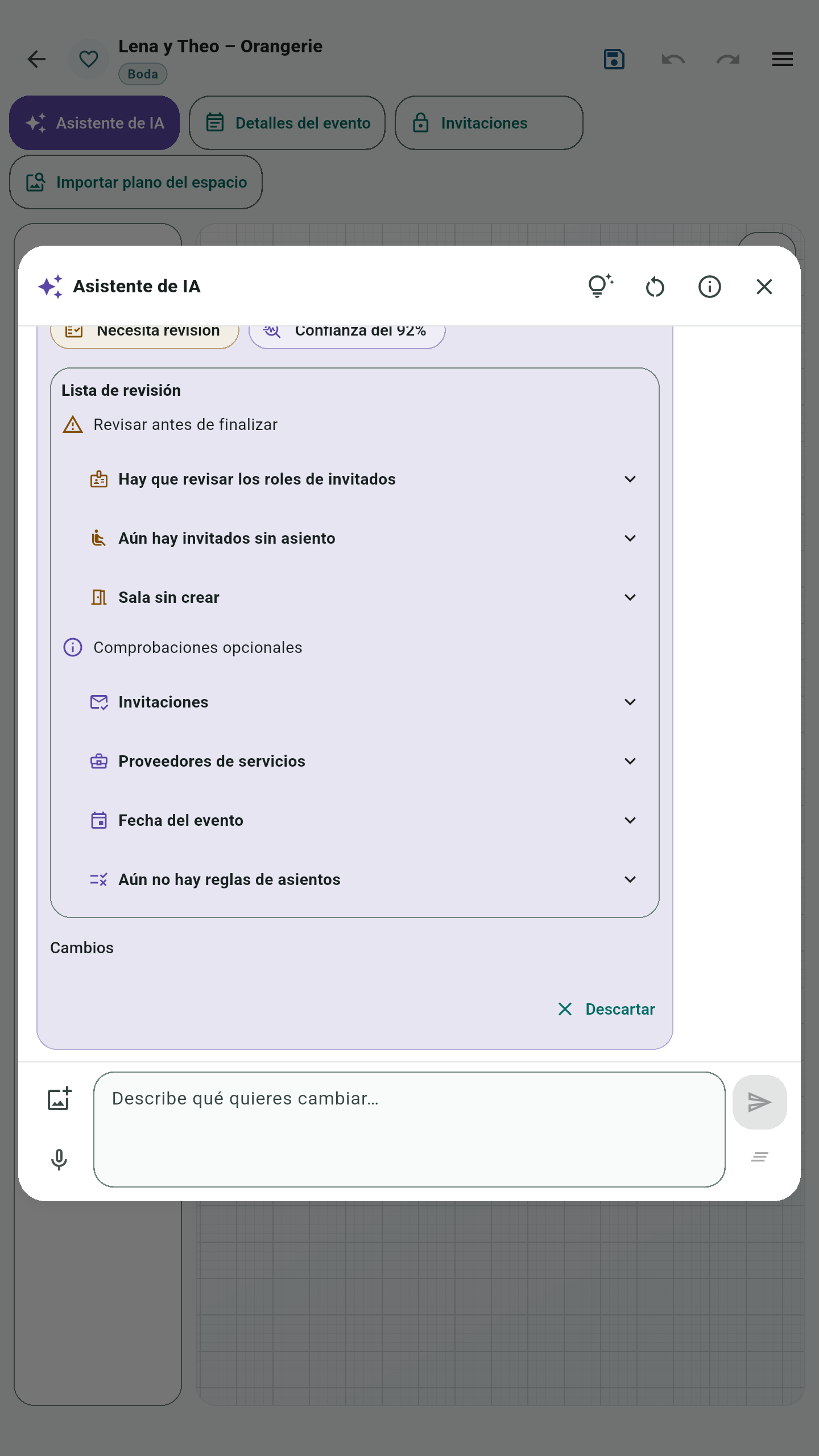 Lista de revisión del Asistente de IA: roles de invitados por revisar, invitados sin asiento asignado y sala sin crear. Comprobaciones opcionales: invitaciones, proveedores de servicios, fecha del evento y reglas de asientos.