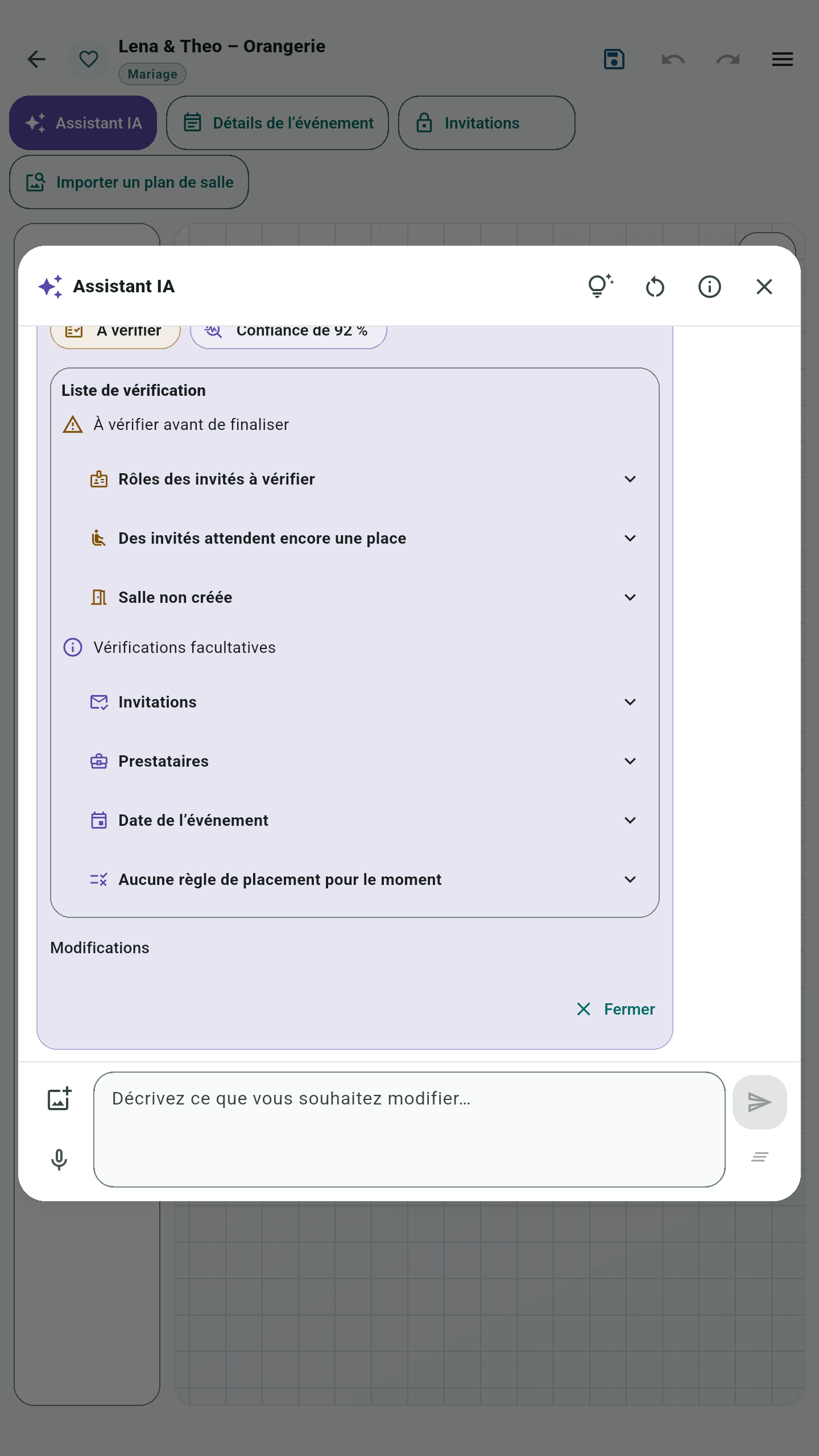 Liste de vérification de l’Assistant IA : rôles des invités à vérifier, invités sans place attribuée et salle non créée. Points facultatifs : invitations, prestataires, date de l’événement et règles de placement.