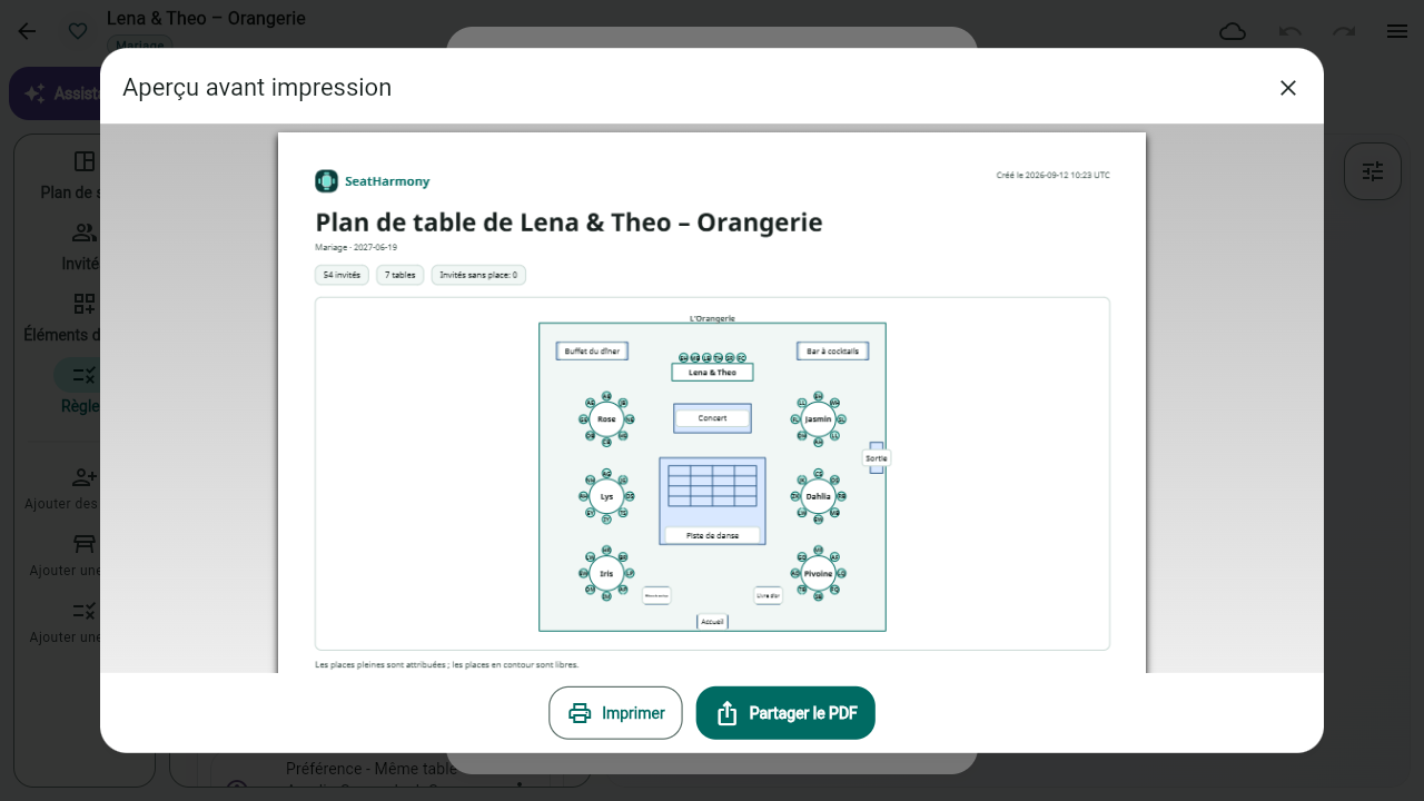 Aperçu du PDF du plan de table du mariage de Lena et Theo, avec les commandes d’impression et de partage.