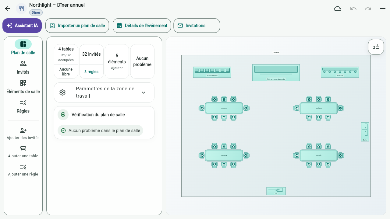 Plan de salle du dîner annuel de Northlight, avec 32 invités à quatre tables, une scène, un buffet et un bar à boissons.