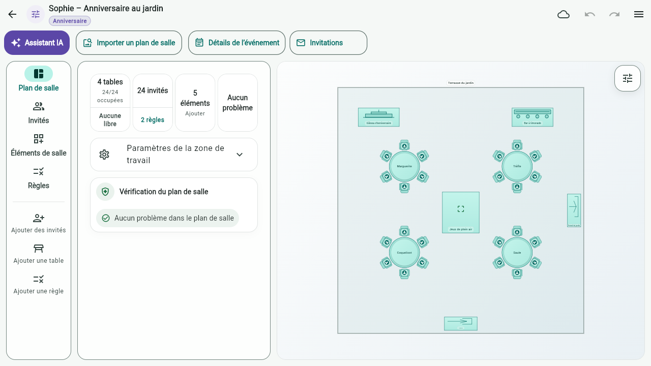 Plan de salle de l’anniversaire de Sophie au jardin, avec 24 invités à quatre tables, un espace de jeux et un bar à limonade.