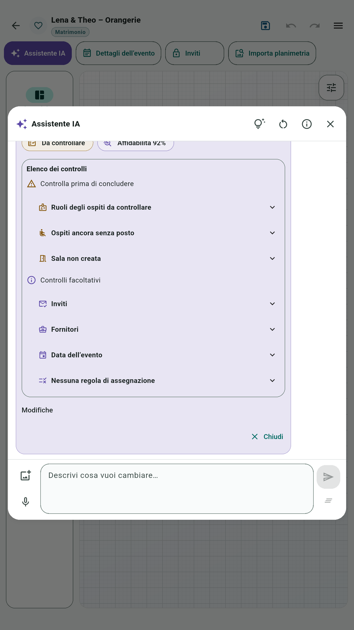 Elenco di controlli dell’Assistente IA: ruoli degli ospiti da controllare, ospiti senza posto assegnato e sala non creata. Controlli facoltativi: inviti, fornitori, data dell’evento e regole di assegnazione.