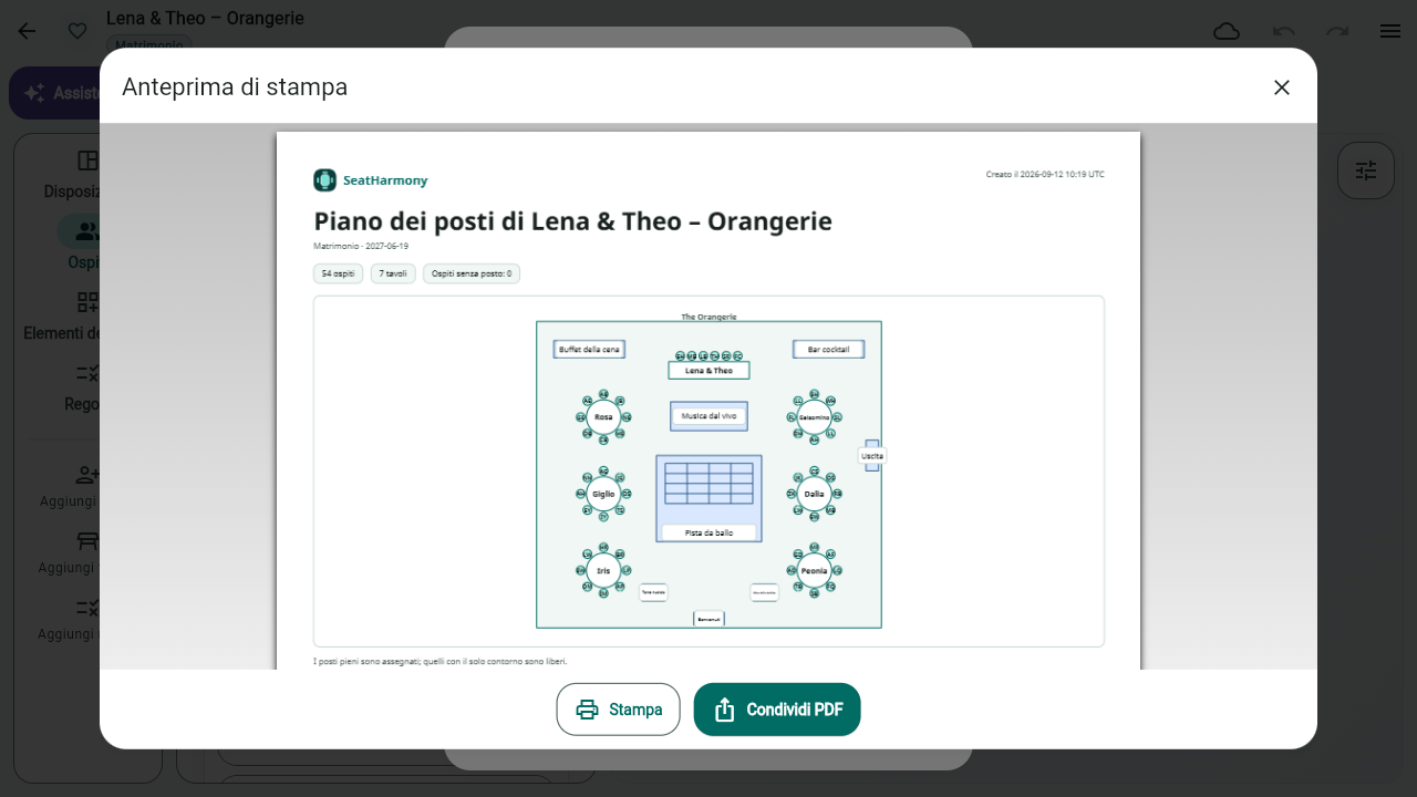 Anteprima PDF del matrimonio immaginario Lena & Theo – Orangerie, con la planimetria dei sette tavoli e i pulsanti per stampare o condividere il PDF.