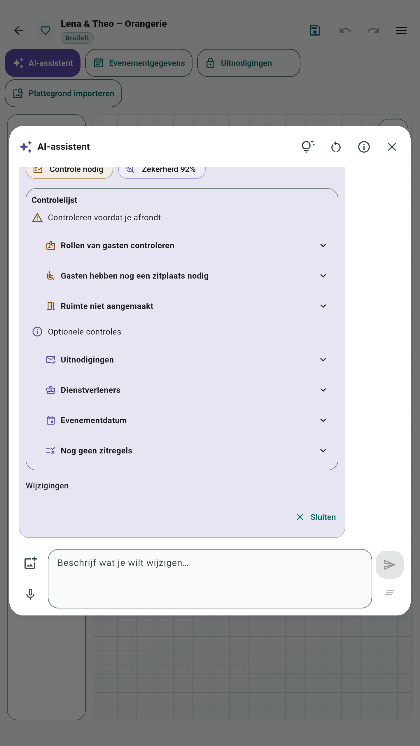 Controlelijst van de AI-assistent met nog te controleren gastrollen, gasten zonder toegewezen zitplaats en een nog niet aangemaakte ruimte. Optionele punten: uitnodigingen, dienstverleners, evenementdatum en zitregels.