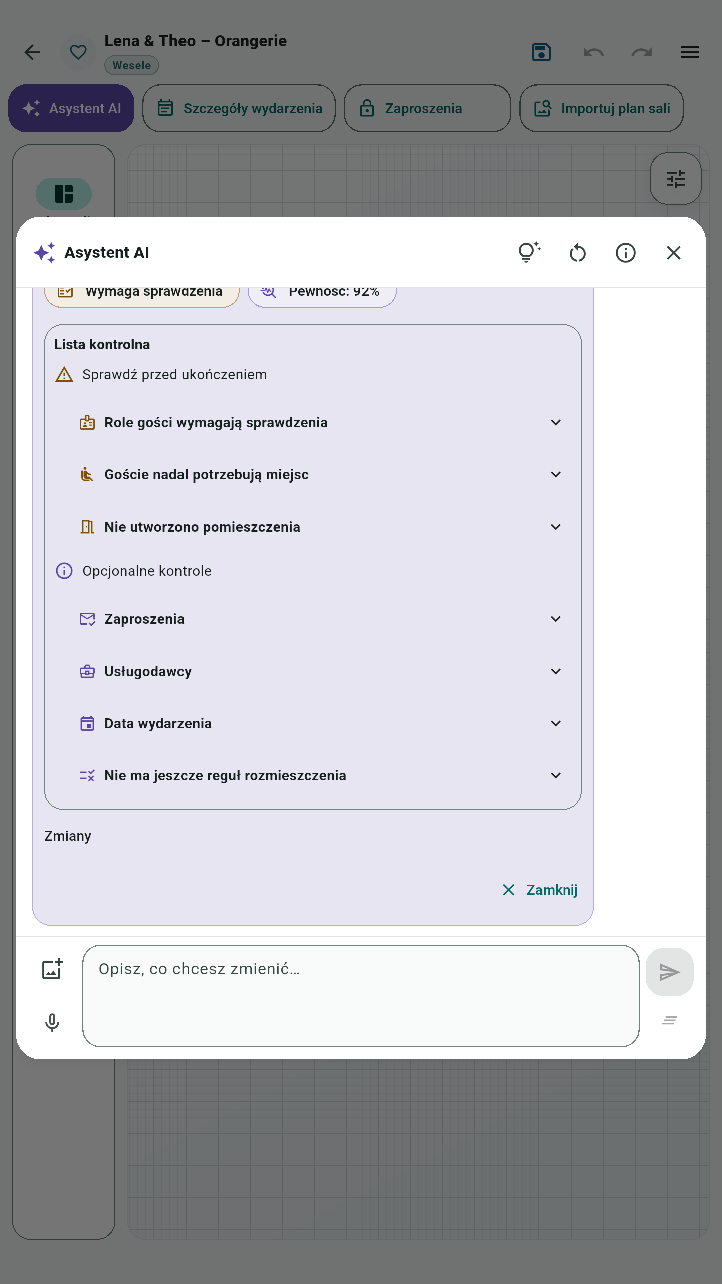 Lista kontrolna Asystenta AI: role gości do sprawdzenia, goście bez przydzielonych miejsc i brak pomieszczenia w planie. Opcjonalne punkty: zaproszenia, usługodawcy, data wydarzenia i reguły rozmieszczenia.