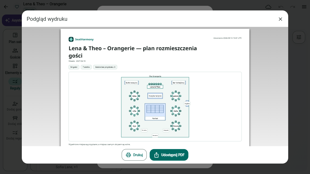Podgląd PDF z planem wesela dla 54 gości przy 7 stołach oraz przyciskami drukowania i udostępniania.