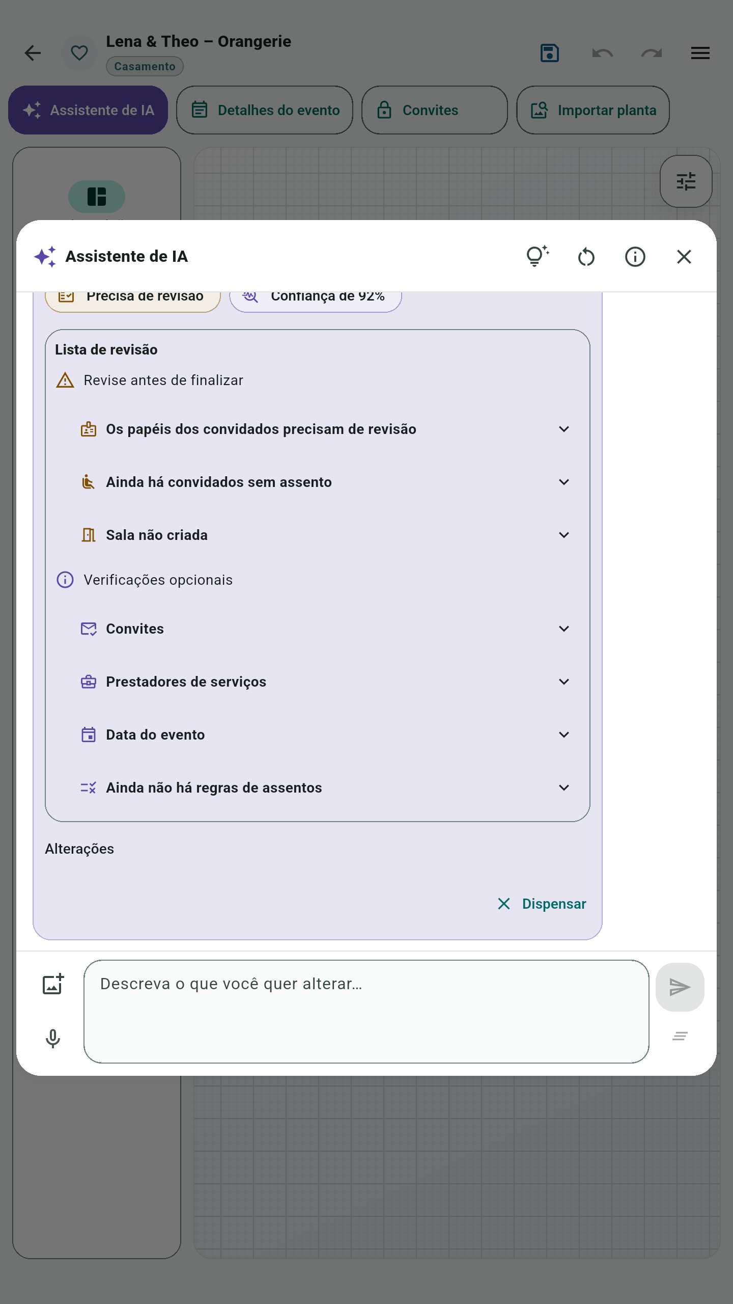 Lista de revisão do Assistente de IA: papéis dos convidados a revisar, convidados sem assento atribuído e sala ainda não criada. Verificações opcionais: convites, prestadores de serviços, data do evento e regras de assentos.