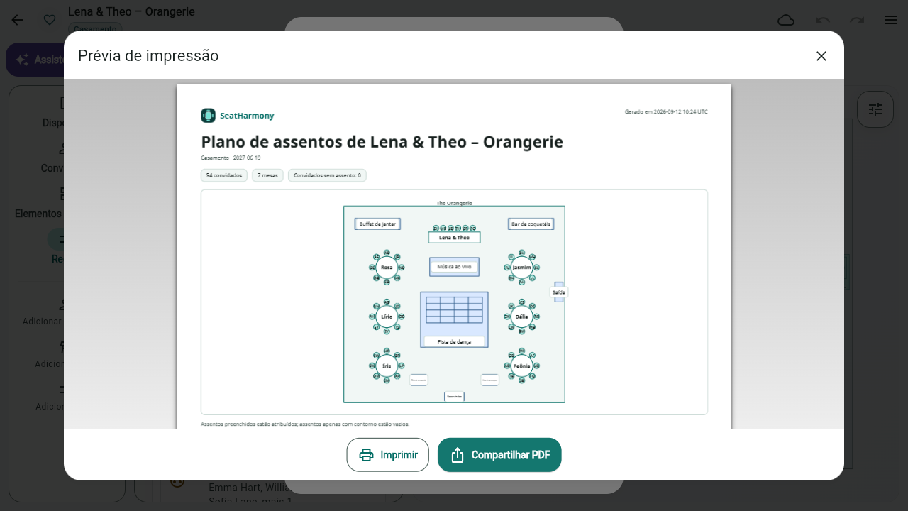 Prévia em PDF do casamento, com a disposição das mesas e os assentos dos convidados.