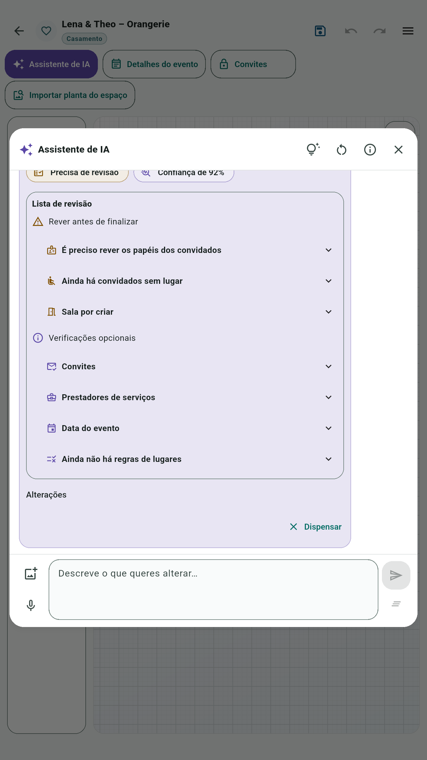 Lista de revisão do Assistente de IA: papéis dos convidados por rever, convidados sem lugar atribuído e sala ainda por criar. Verificações opcionais: convites, prestadores de serviços, data do evento e regras de lugares.