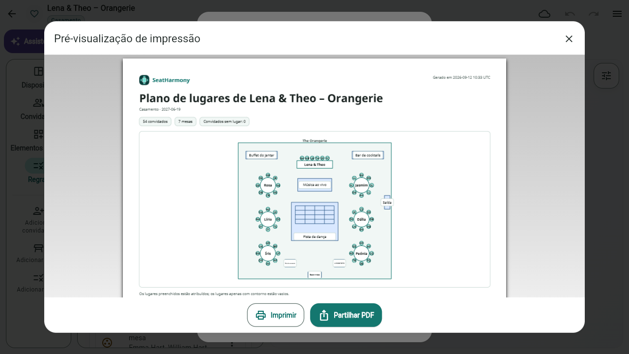 Pré-visualização em PDF do plano de lugares do casamento de Lena e Theo, com as mesas e a distribuição dos convidados.